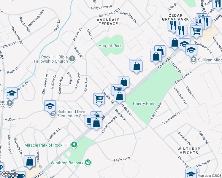 map of restaurants, bars, coffee shops, grocery stores, and more near 1048 Chandler Drive in Rock Hill