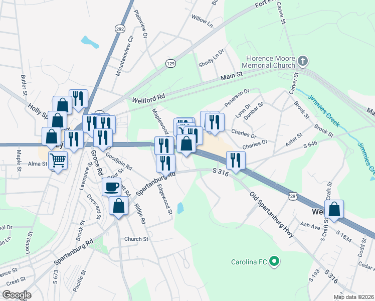 map of restaurants, bars, coffee shops, grocery stores, and more near 300 Spartanburg Highway in Lyman