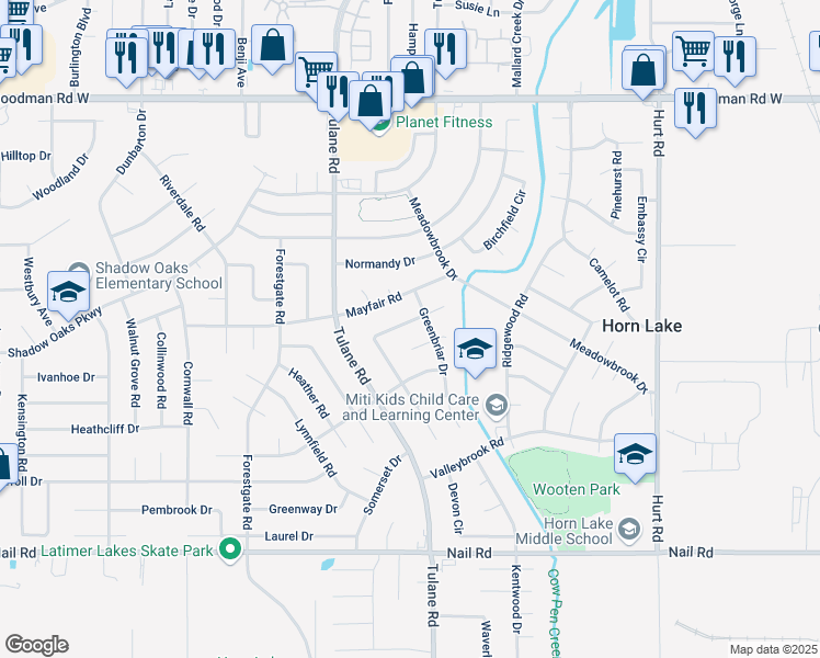 map of restaurants, bars, coffee shops, grocery stores, and more near 3095 Forest Glen Drive in Horn Lake