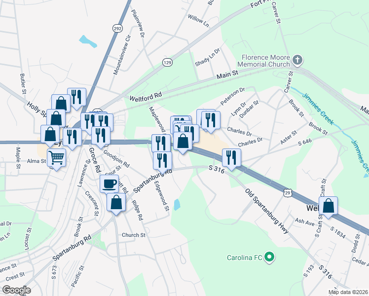 map of restaurants, bars, coffee shops, grocery stores, and more near 300 Spartanburg Highway in Lyman