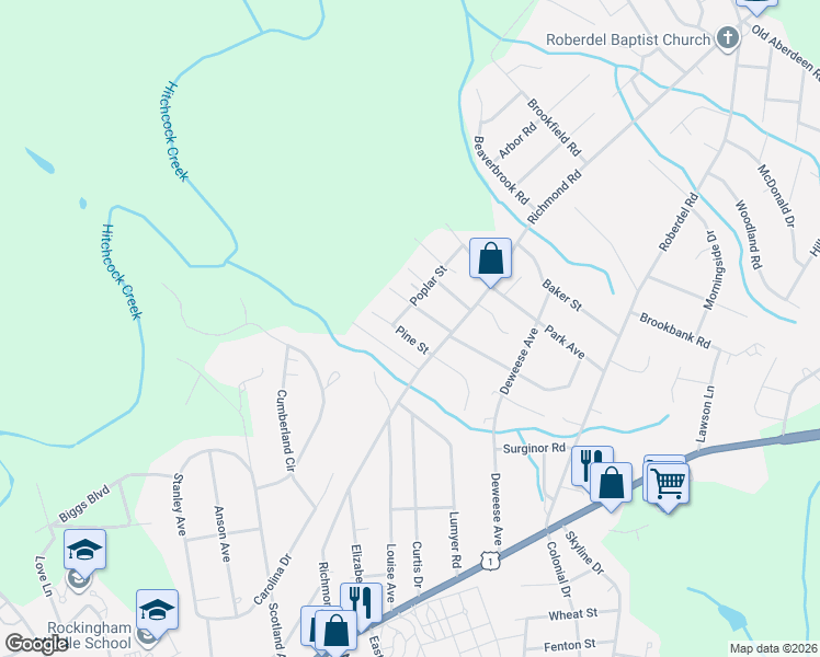 map of restaurants, bars, coffee shops, grocery stores, and more near 619 Poplar Street in Rockingham