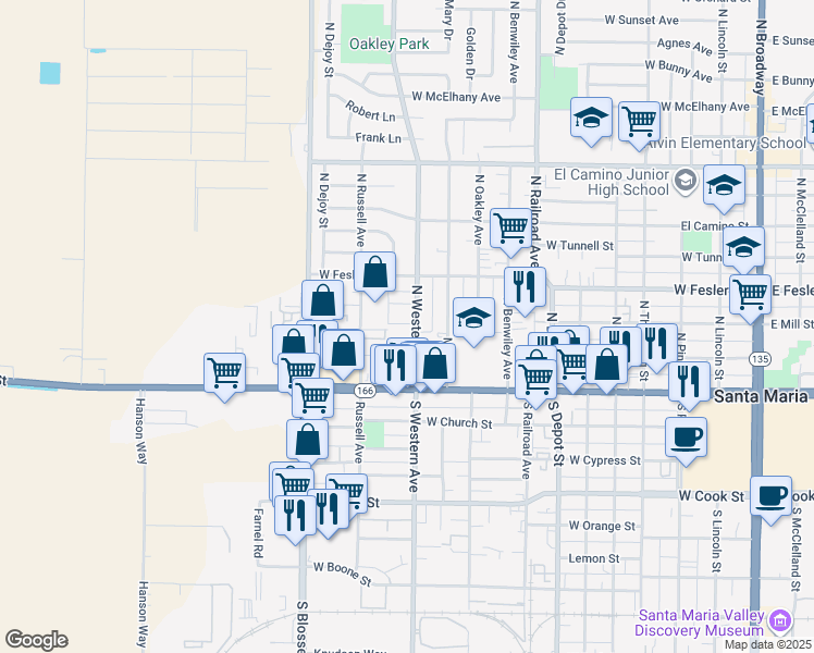 map of restaurants, bars, coffee shops, grocery stores, and more near 225 North Western Avenue in Santa Maria