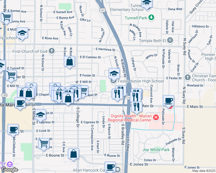 map of restaurants, bars, coffee shops, grocery stores, and more near 1100 East Fesler Street in Santa Maria