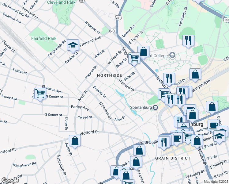 map of restaurants, bars, coffee shops, grocery stores, and more near 220 Manning Street in Spartanburg