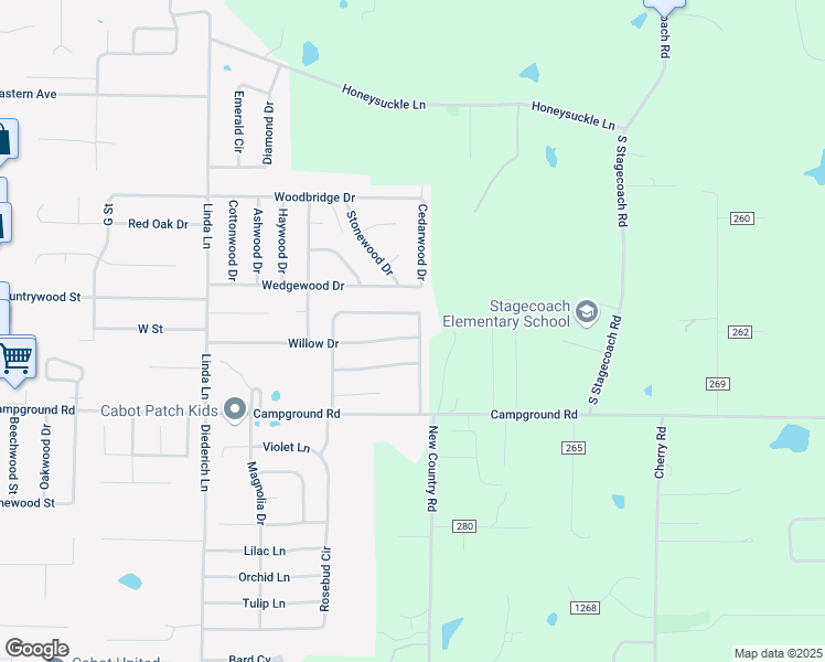 map of restaurants, bars, coffee shops, grocery stores, and more near 62 Willow Drive in Cabot