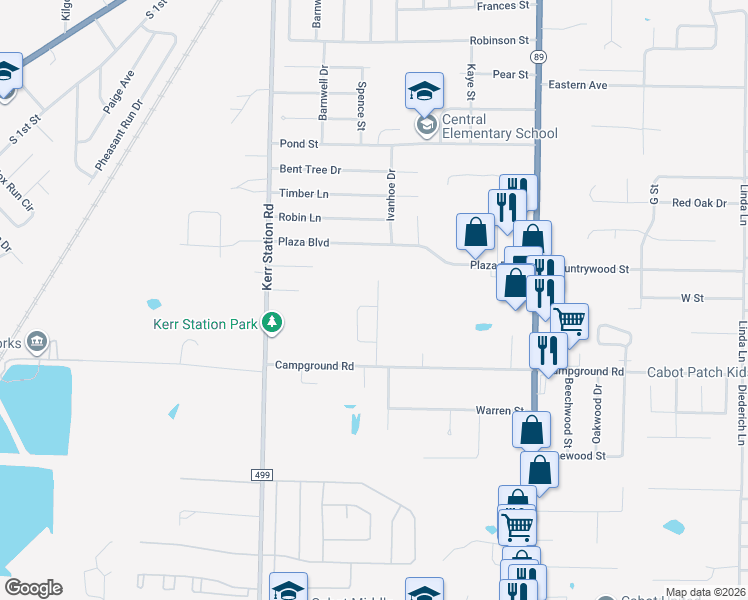 map of restaurants, bars, coffee shops, grocery stores, and more near 436 Nottingham Drive in Cabot
