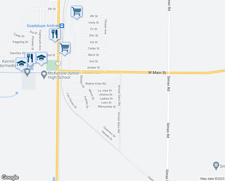 map of restaurants, bars, coffee shops, grocery stores, and more near 4461 La Joya Drive in Guadalupe
