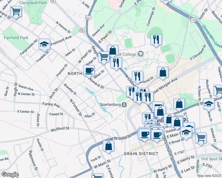 map of restaurants, bars, coffee shops, grocery stores, and more near 300 Howard Street in Spartanburg