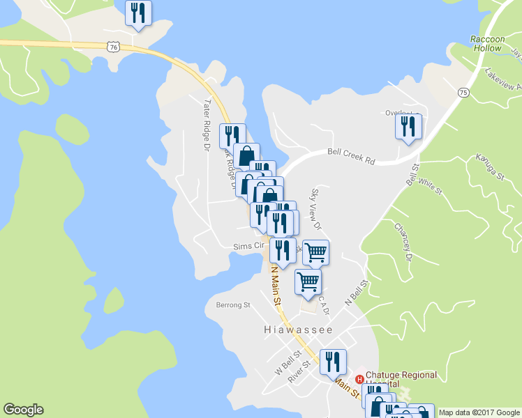 map of restaurants, bars, coffee shops, grocery stores, and more near North Main Street in Hiawassee