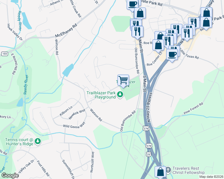 map of restaurants, bars, coffee shops, grocery stores, and more near 300 Trailblazer Drive in Travelers Rest