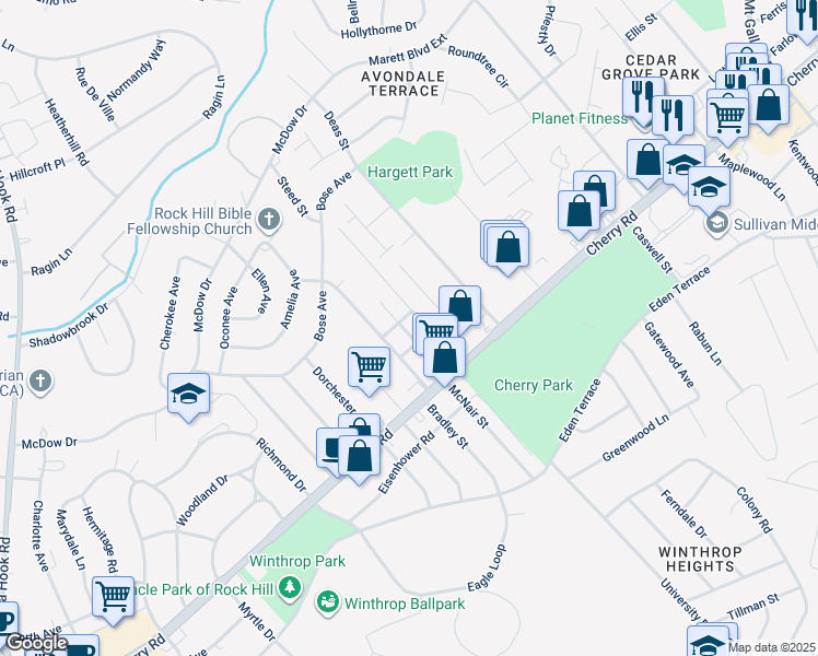 map of restaurants, bars, coffee shops, grocery stores, and more near 1038 Park Meadow Drive in Rock Hill