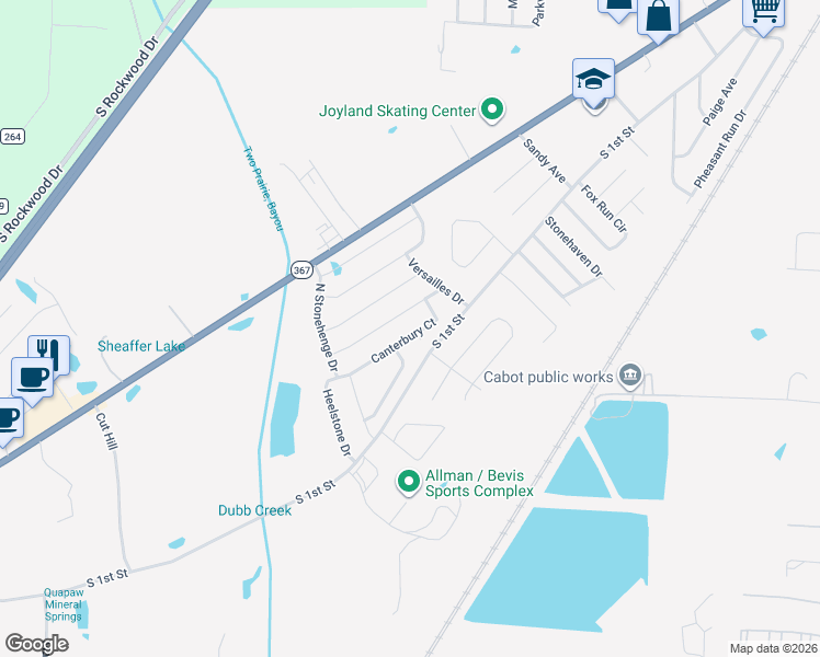 map of restaurants, bars, coffee shops, grocery stores, and more near 2429 Canterbury Lane in Cabot