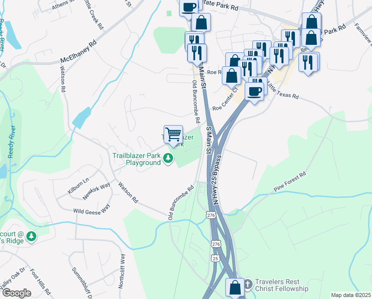 map of restaurants, bars, coffee shops, grocery stores, and more near 115 Wilhelm Winter Street in Travelers Rest