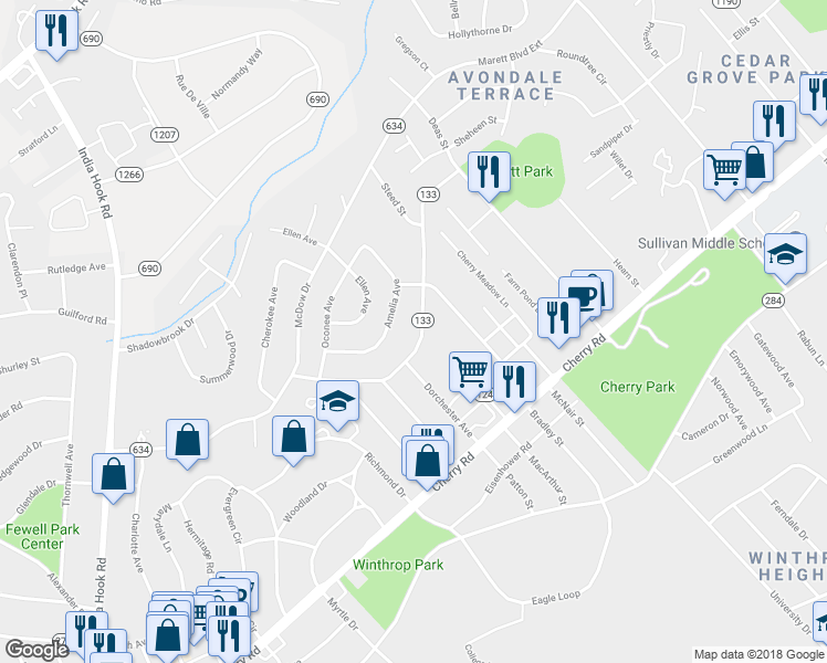map of restaurants, bars, coffee shops, grocery stores, and more near 1254 Bose Avenue in Rock Hill