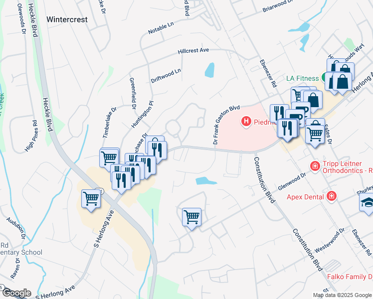 map of restaurants, bars, coffee shops, grocery stores, and more near 765 Beckham Lane in Rock Hill