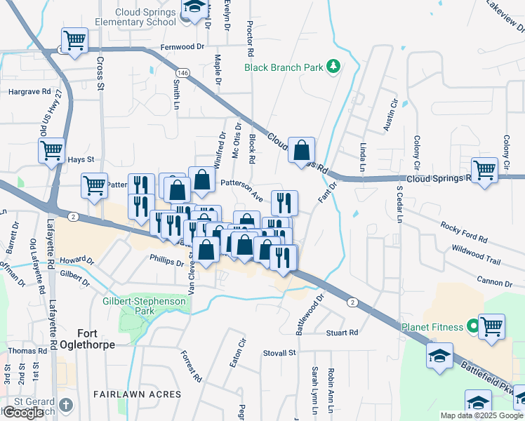 map of restaurants, bars, coffee shops, grocery stores, and more near 1 Patterson Place in Fort Oglethorpe