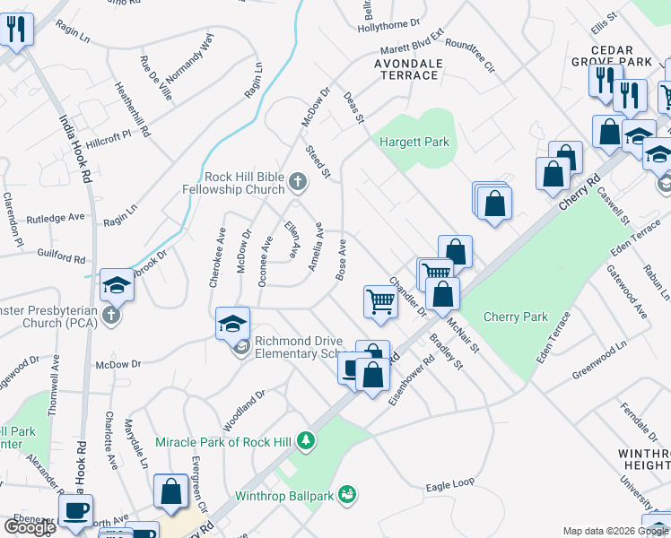 map of restaurants, bars, coffee shops, grocery stores, and more near 1254 Bose Avenue in Rock Hill