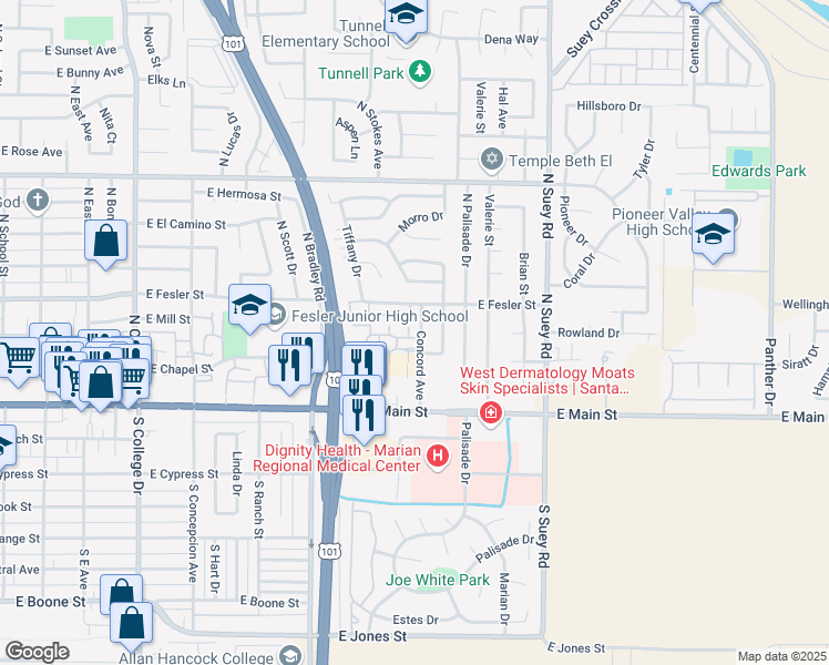 map of restaurants, bars, coffee shops, grocery stores, and more near 1216 Cobblestone Lane in Santa Maria