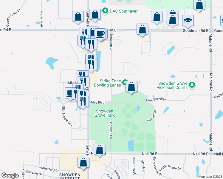 map of restaurants, bars, coffee shops, grocery stores, and more near 5901-6203 Snowden Ln in Southaven