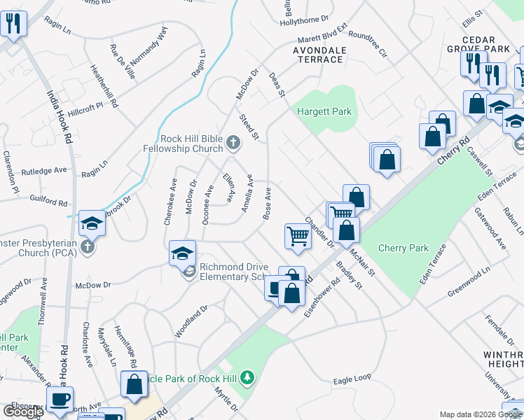 map of restaurants, bars, coffee shops, grocery stores, and more near 1231 Bose Avenue in Rock Hill