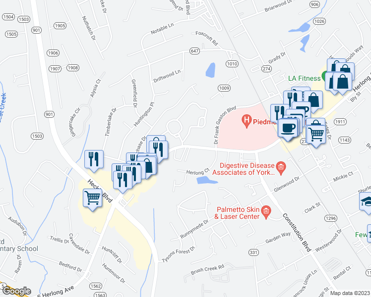 map of restaurants, bars, coffee shops, grocery stores, and more near 1062 Kensington Square in Rock Hill