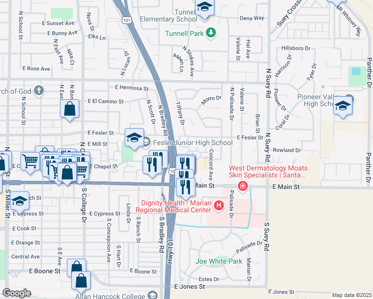 map of restaurants, bars, coffee shops, grocery stores, and more near 1203 Sandstone Lane in Santa Maria