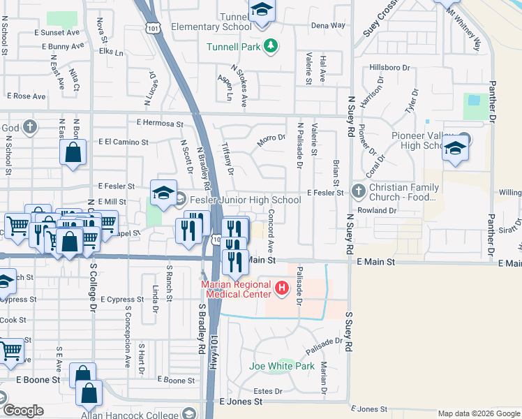 map of restaurants, bars, coffee shops, grocery stores, and more near 315 Concord Avenue in Santa Maria
