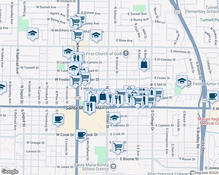 map of restaurants, bars, coffee shops, grocery stores, and more near 405 East Mill Street in Santa Maria