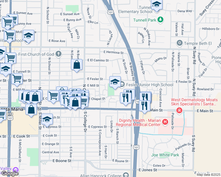 map of restaurants, bars, coffee shops, grocery stores, and more near 1100 East Fesler Street in Santa Maria