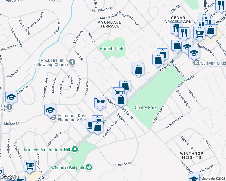 map of restaurants, bars, coffee shops, grocery stores, and more near 1055 Cherry Meadow Lane in Rock Hill