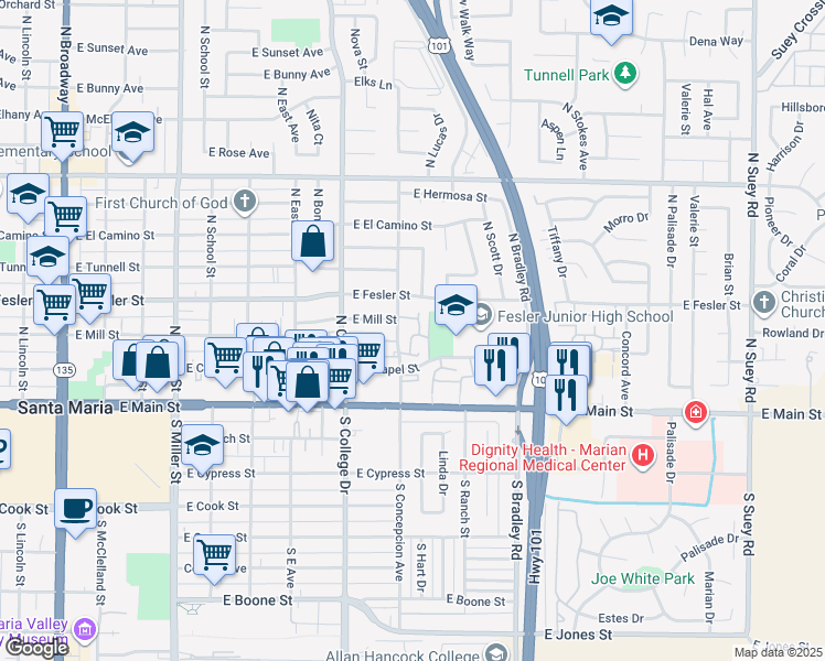 map of restaurants, bars, coffee shops, grocery stores, and more near 304 Monarch Lane in Santa Maria