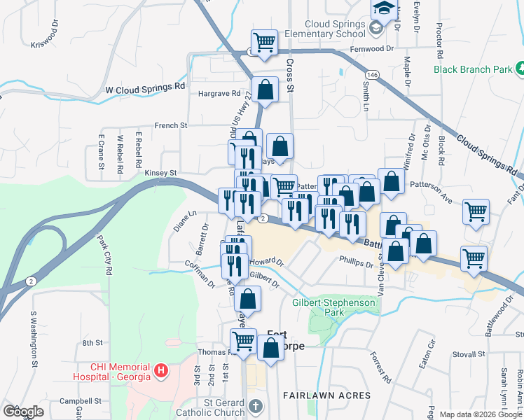 map of restaurants, bars, coffee shops, grocery stores, and more near 491 Battlefield Parkway in Fort Oglethorpe