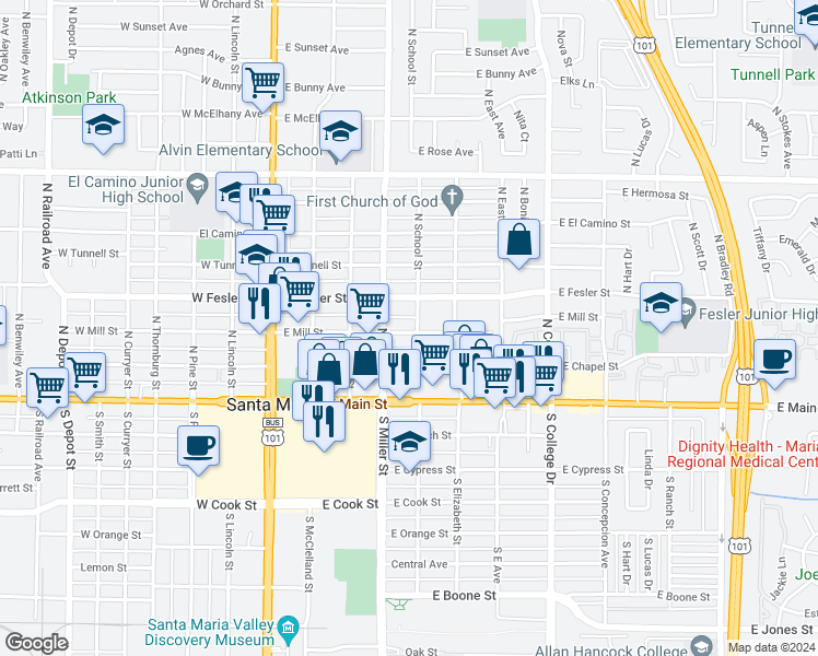 map of restaurants, bars, coffee shops, grocery stores, and more near 421 East Mill Street in Santa Maria