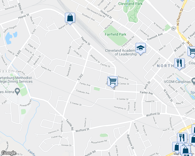 map of restaurants, bars, coffee shops, grocery stores, and more near 524 Franklin Street in Spartanburg