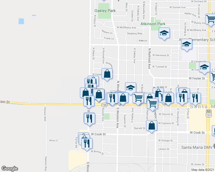 map of restaurants, bars, coffee shops, grocery stores, and more near 302 North Russell Avenue in Santa Maria