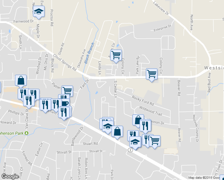 map of restaurants, bars, coffee shops, grocery stores, and more near 74 South Cedar Lane in Fort Oglethorpe