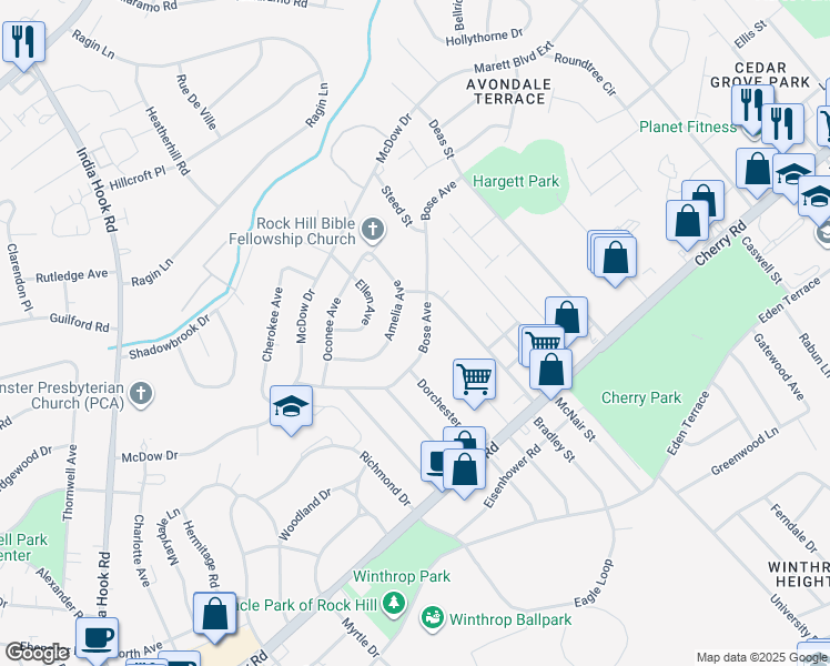 map of restaurants, bars, coffee shops, grocery stores, and more near 1254 Bose Avenue in Rock Hill