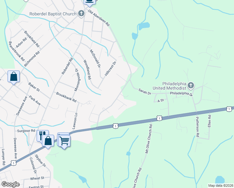 map of restaurants, bars, coffee shops, grocery stores, and more near 2413 Old Aberdeen Road in Rockingham