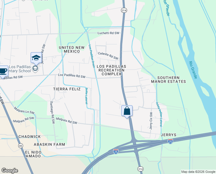 map of restaurants, bars, coffee shops, grocery stores, and more near 2120 Los Padillas Road Southwest in Albuquerque
