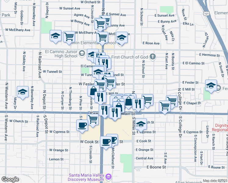map of restaurants, bars, coffee shops, grocery stores, and more near 214 East Fesler Street in Santa Maria