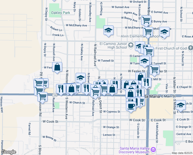 map of restaurants, bars, coffee shops, grocery stores, and more near 319 North Depot Street in Santa Maria