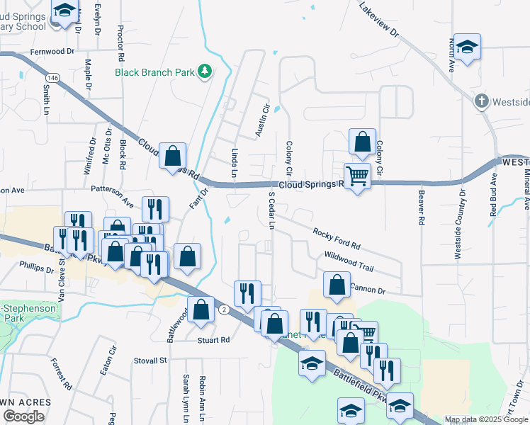 map of restaurants, bars, coffee shops, grocery stores, and more near 74 South Cedar Lane in Fort Oglethorpe