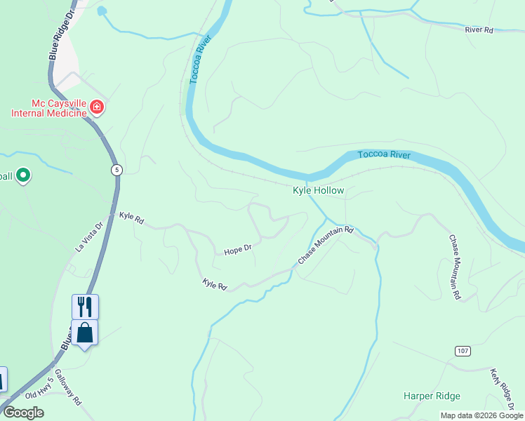 map of restaurants, bars, coffee shops, grocery stores, and more near 737 Wildwood Terrace in Mineral Bluff