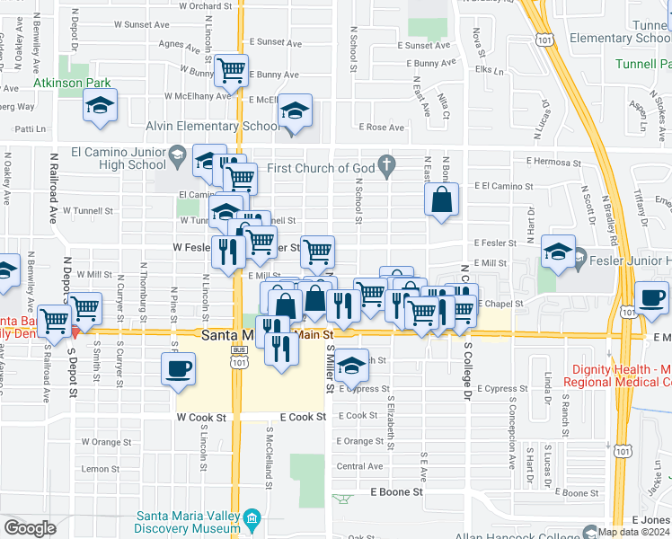 map of restaurants, bars, coffee shops, grocery stores, and more near 401 East Mill Street in Santa Maria