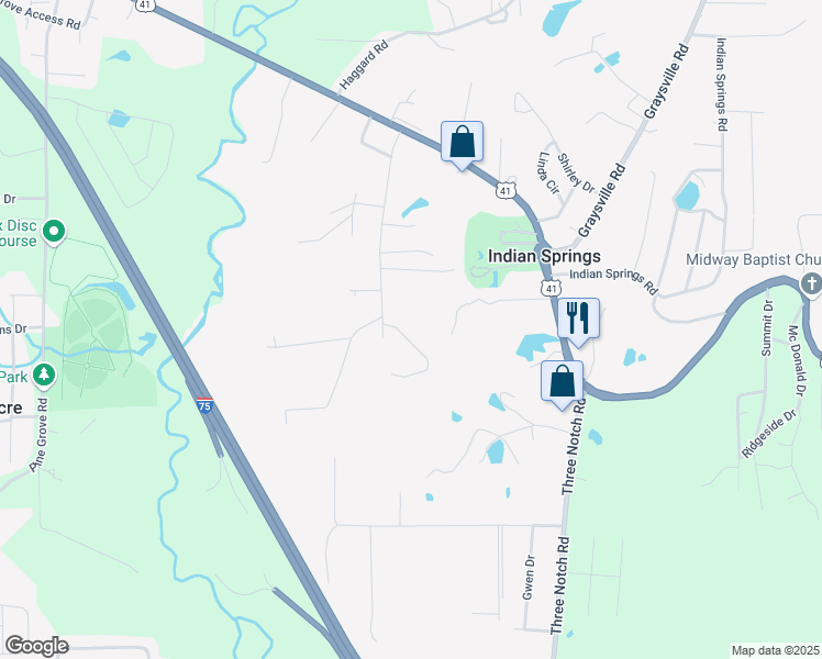 map of restaurants, bars, coffee shops, grocery stores, and more near 75 Amy Lane in Ringgold