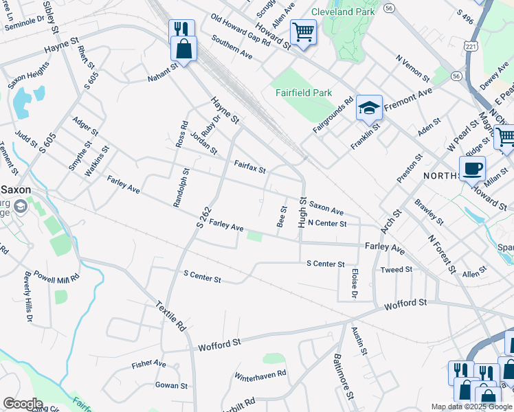 map of restaurants, bars, coffee shops, grocery stores, and more near 520 Franklin Street in Spartanburg