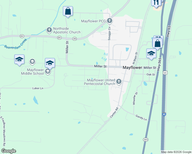 map of restaurants, bars, coffee shops, grocery stores, and more near 4 Sunbelt Court in Mayflower