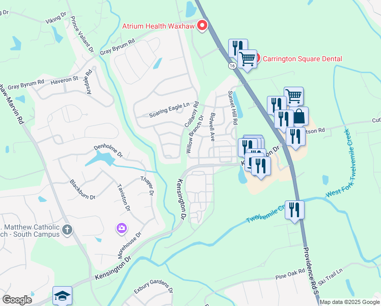 map of restaurants, bars, coffee shops, grocery stores, and more near 8320 Willow Branch Drive in Waxhaw