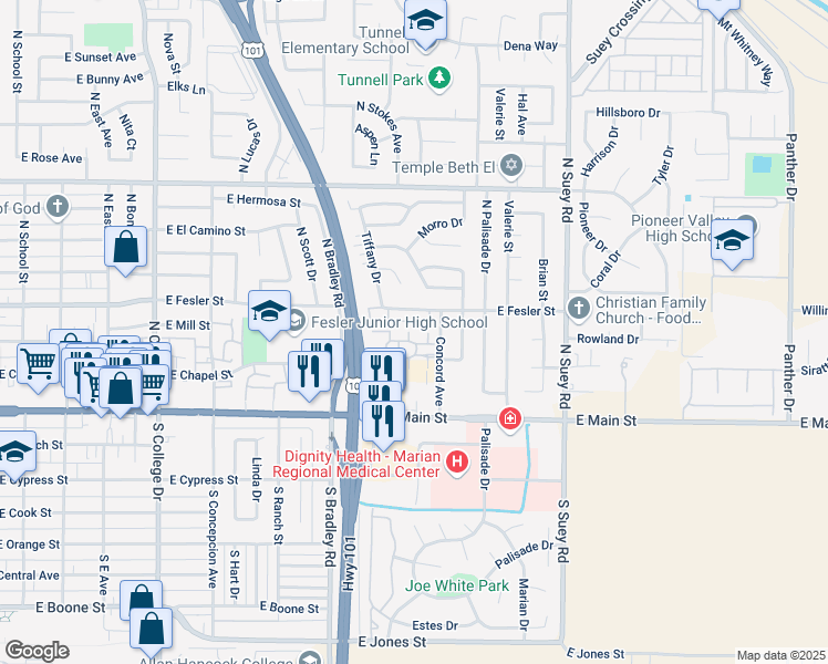 map of restaurants, bars, coffee shops, grocery stores, and more near 1214 East Fesler Street in Santa Maria