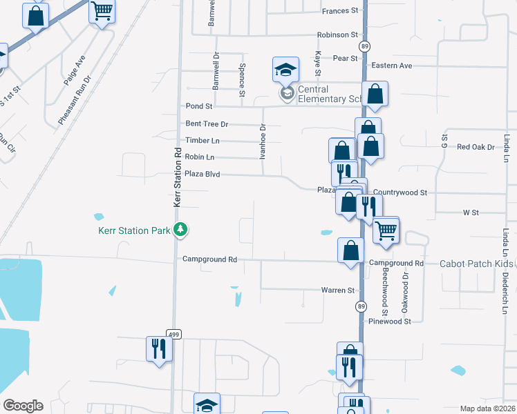 map of restaurants, bars, coffee shops, grocery stores, and more near 445 Nottingham Drive in Cabot